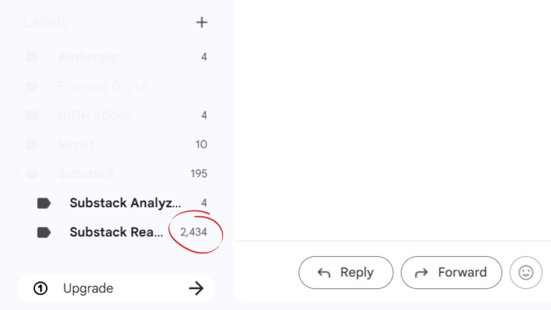 Gmail inbox showing 2,434 unread Substack emails